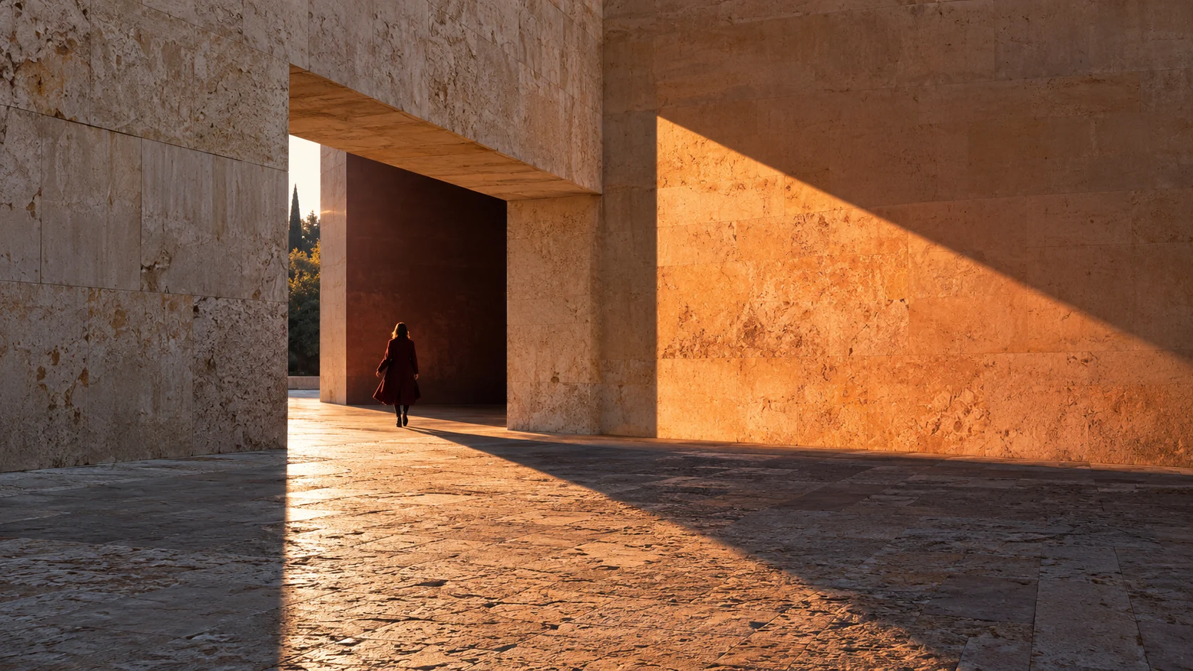 Conceptual brand image: a person walks through a stone building's archway as warm low sunlight casts long shadows.