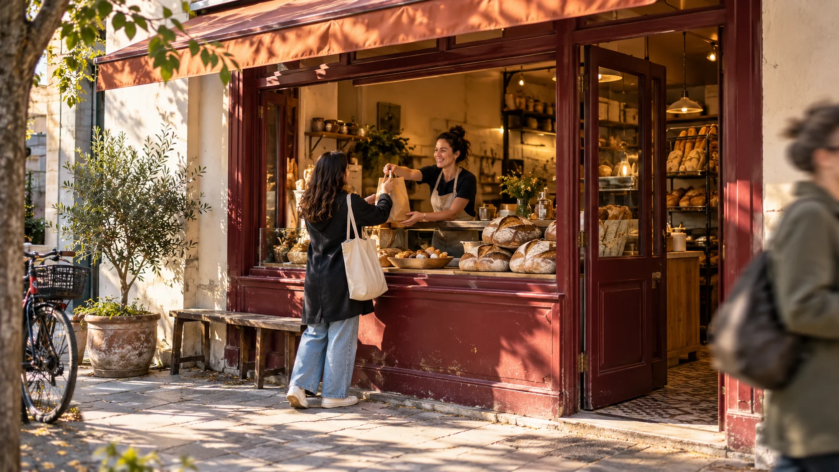 Conceptual brand image: a customer is handed bread across the counter of a small oxblood-fronted bakery.