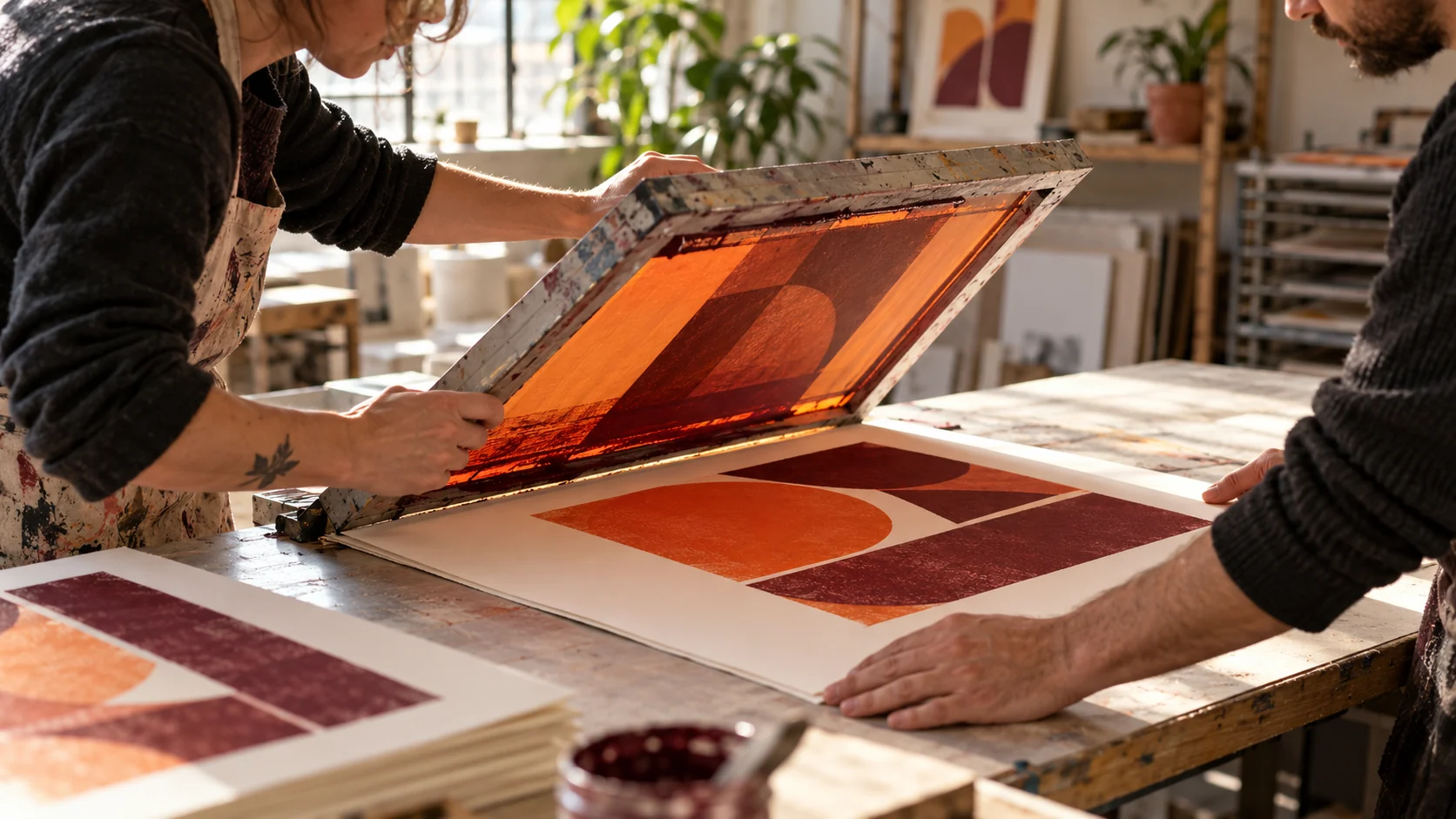 Conceptual brand image: two people screen-printing an abstract orange and oxblood print in a sunlit studio.